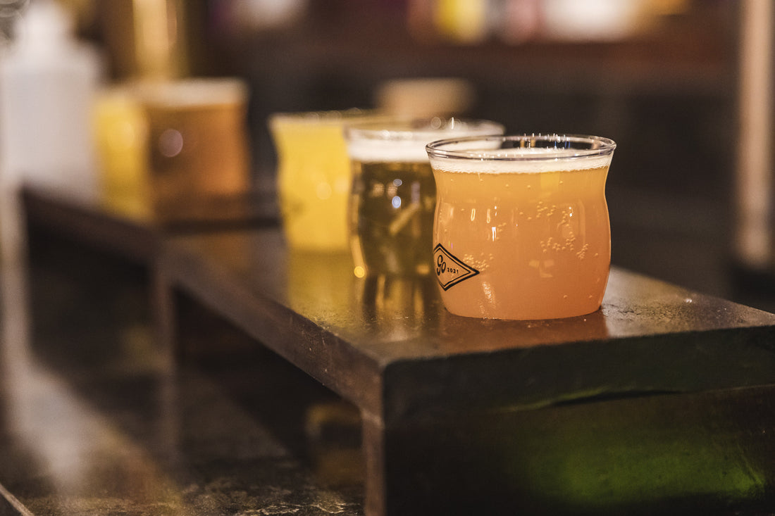 A flight of Go Brewing non-alcoholic beers served on tap.