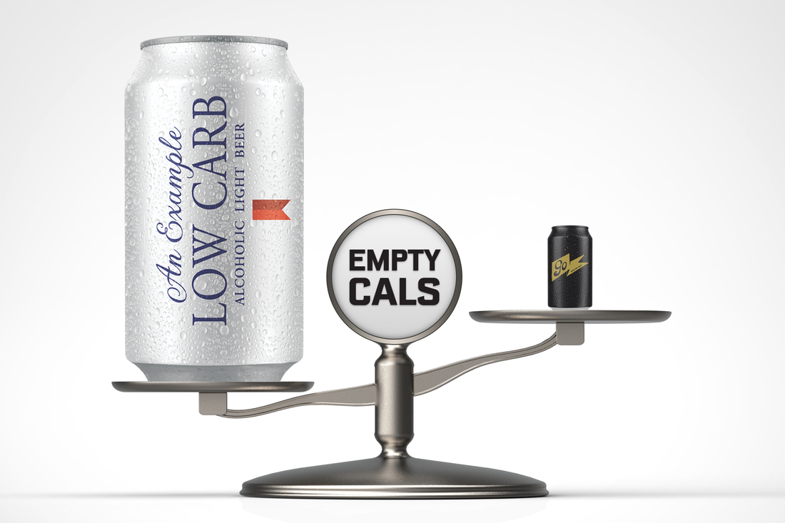 Image comparing a low-carb beer can and a regular beer on a scale, highlighting low-carb beer misconceptions.