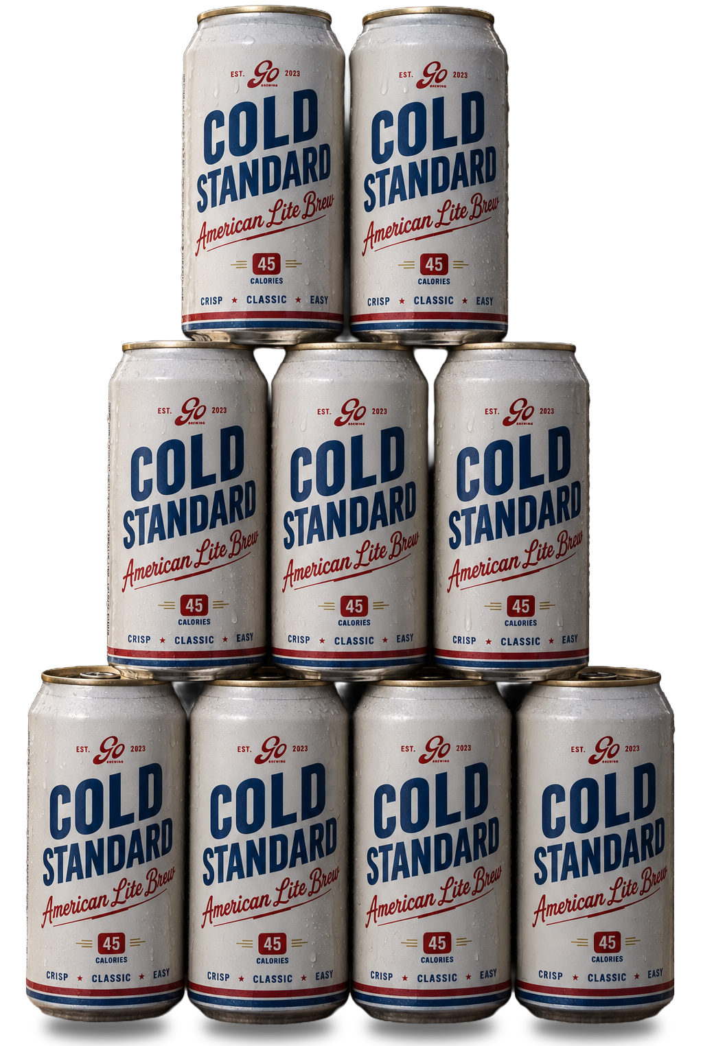 A pyramid of Cold Standard cans