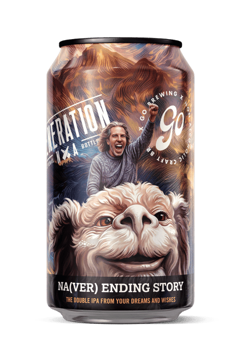 NAver Ending Story Double IPA can featuring a whimsical dog and a joyful character.