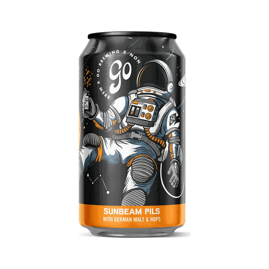 Go Brewing Packaged Beer 6-pack, 12 oz cans Suspended In A Sunbeam Pils – Non-Alcoholic Pilsner