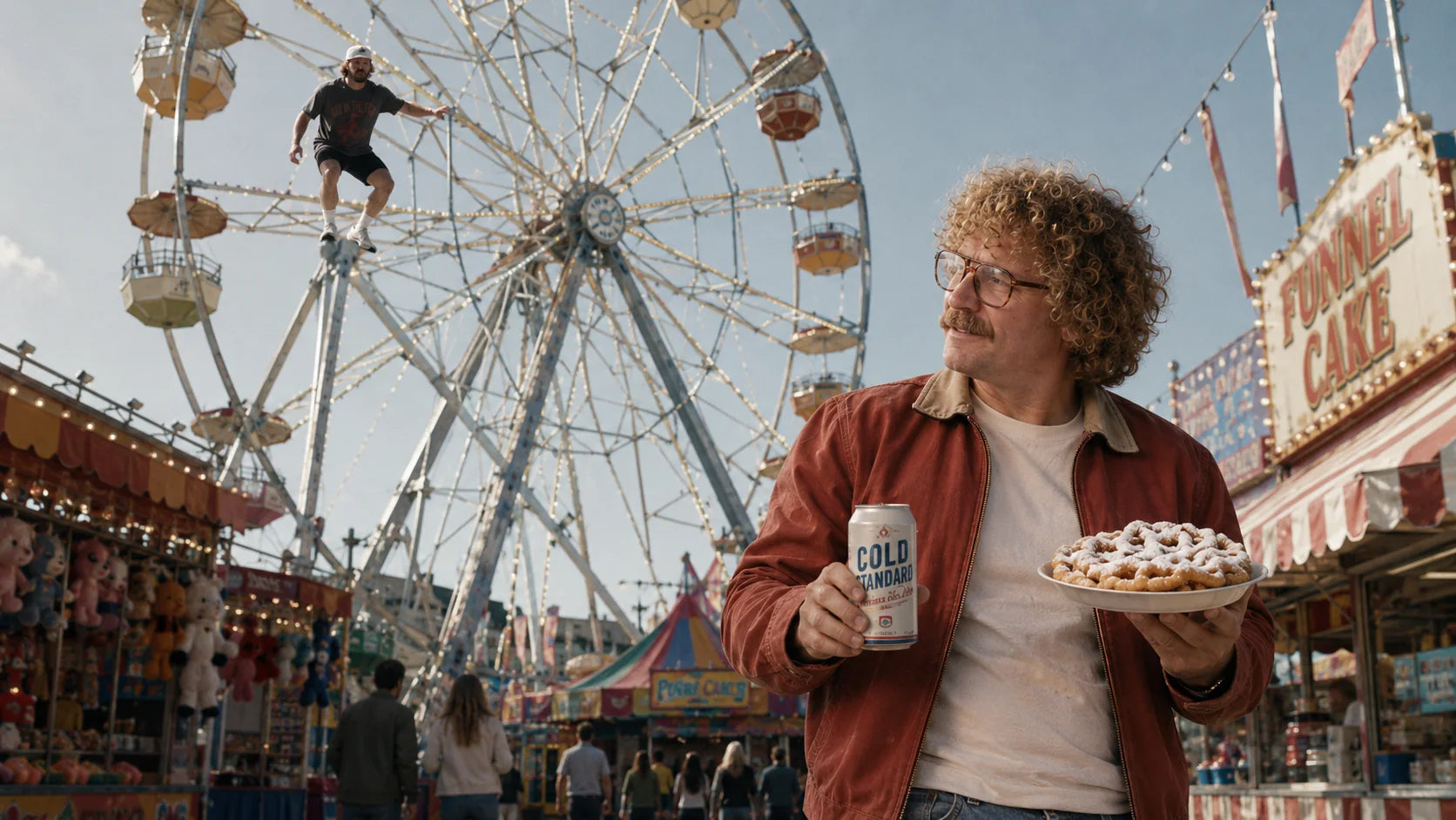Lindy at a state fair holding a can of Cold Standard and a funnel cake