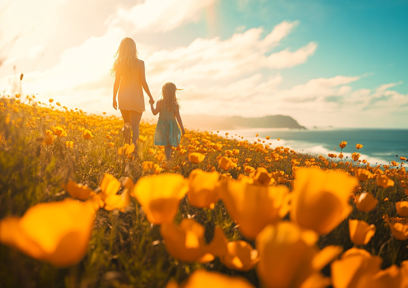 Illustration of a mother and daughter walking hand in hand through a field of California poppies above the coast