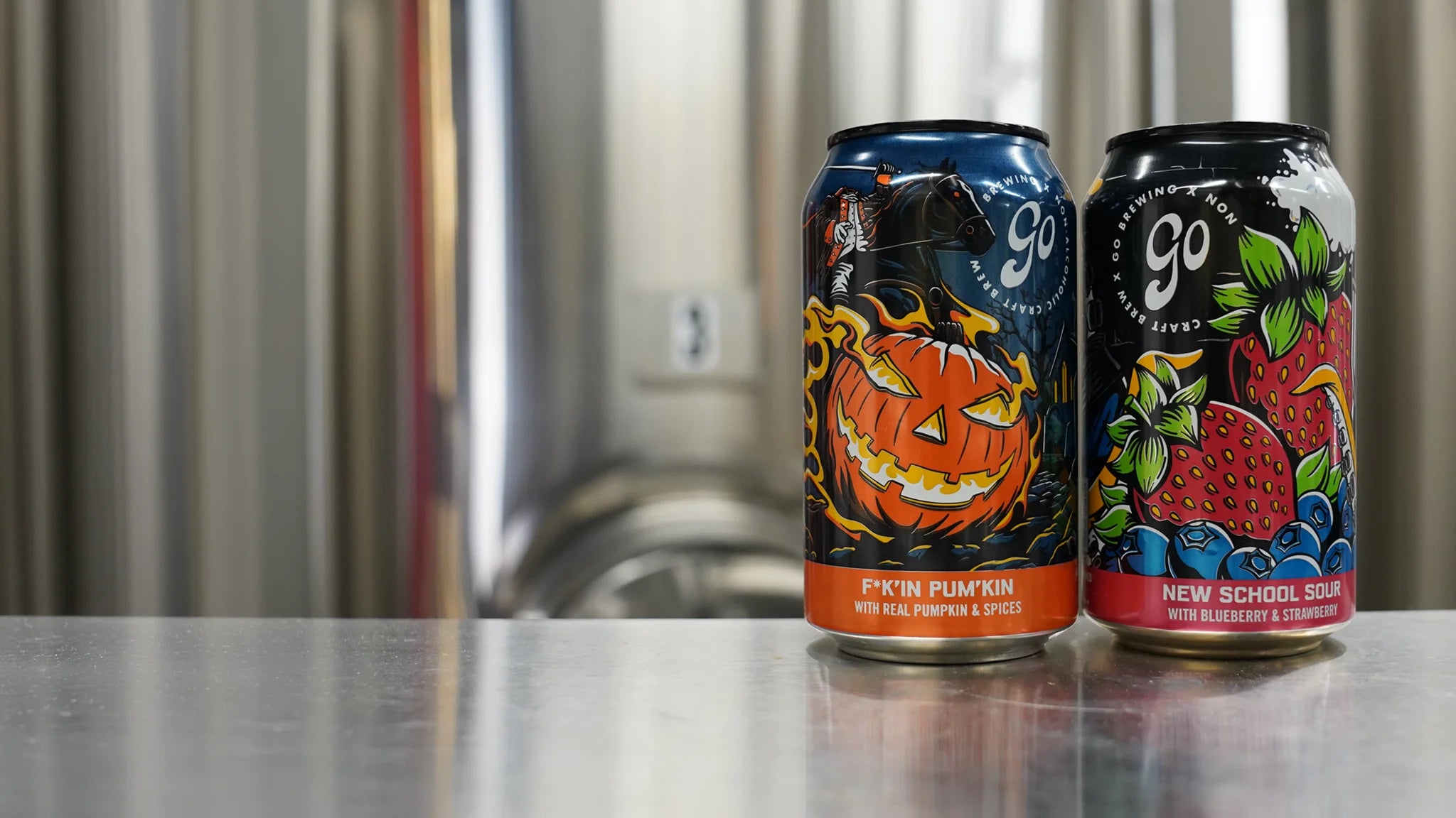 F*k'in Pum'kin and New School Sour cans in the Go Brewing brewhouse